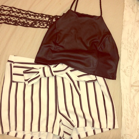 SOLD❗️TWO PIECE OUTFIT SET- STRIPES & FAUX LEATHER - Picture 1 of 8